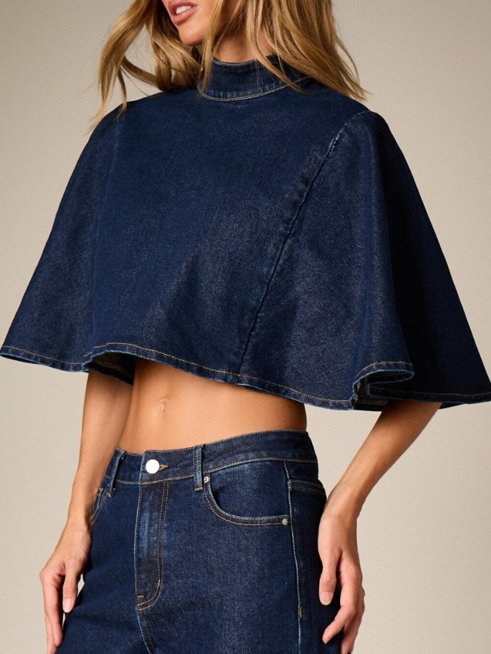 Dark Wash Casual Women's Denim Cape Cropped Top With High Neck